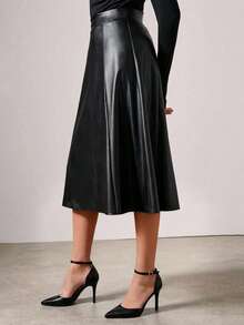 COSMINA Damen eleganter, moderner Pendler-Lederrock aus PU-Leder mit mittlerer Taille und mittlerer Länge in A-Linie, vielseitig einsetzbar für den Arbeitsweg, Büro, Ausflüge, Alltagskleidung, Dates, Valentinstag, Weihnachten - Schwarz - Übersicht 1