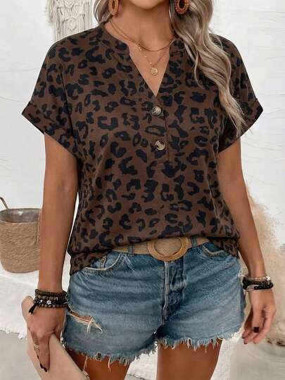 Selamara New Plus Size Women Fashion Leopard Print V-Neck Short Sleeve T-Shirt
