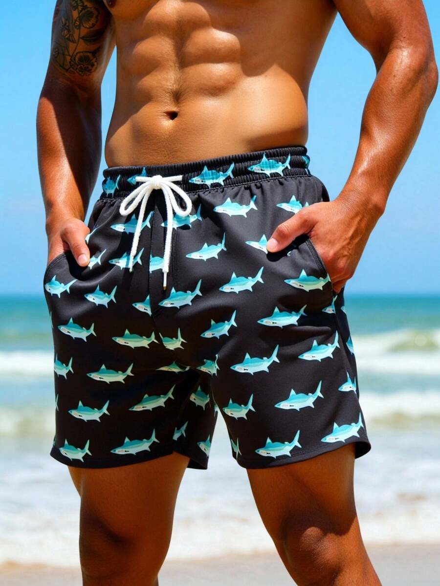Manfinity Swimmode Men's Drawstring Waist Shark Print Pocket Casual Versatile Beach Shorts Shark Swim Trunks Mens Board Shorts Mens Swim Trunk Matching Mens Beachwear - Grey - View 1
