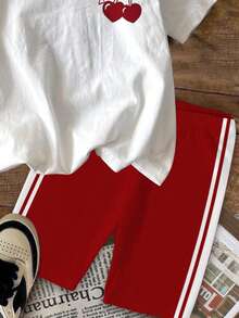 SHEIN 两件套女童休闲复古美式爱心樱桃印花撞色圆领短袖T恤搭配紧身打底裤，适合春夏日常穿着、度假、Y2K风格，可爱童装 - 彩色 - 查看 6