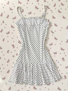 Elamini Đầm ngắn nữ màu trắng chấm bi, viền ren, nơ trang trí, dây mảnh, lưng hở, eo thon, thích hợp cho mùa xuân/hè, đi nghỉ mát, đi biển, thanh lịch, ngọt ngào, dễ thương, đi học, tốt nghiệp, mặc hàng ngày, hẹn hò, đa năng. - trắng - Xem 2