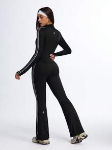 Eassivo Damen Sport-Set: Langarmshirt und Hose mit Reißverschluss, 2-teilig – mit Taschen, figurbetontes, professionelles Outfit für Fitness, Training und Yoga - Schwarz - Übersicht 2