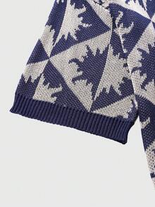 ROMWE MEN Men's Front Button Vintage Casual Everyday Jacquard Breathable Knit Cardigan - Navy Blue - View 4