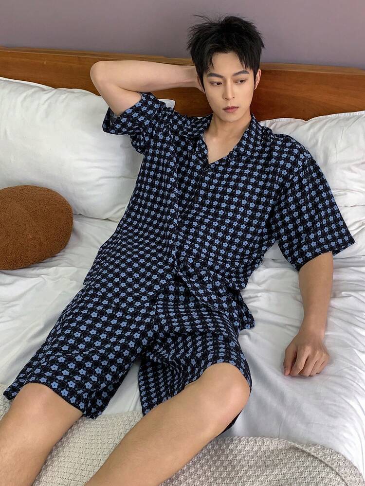 Men's Summer Short Sleeve Shirt And Shorts Pajama Set