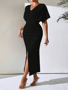 EMERY ROSE 1pc Women's Solid Color V-Neck Batwing Short Sleeve Ruched Slit Bottom Elegant Dress Maxi Women Outfit - Black - View 4
