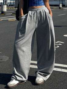 DAZY 女士纯色宽松抽绳弹力腰阔腿裤，休闲运动裤，春秋季 - 灰色 - 查看 9