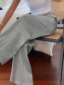 DAZY Women's Solid Color Loose Drawstring Elastic Waist Wide Leg Pants, Casual Sports Trousers For Spring & Autumn - Grey - View 7