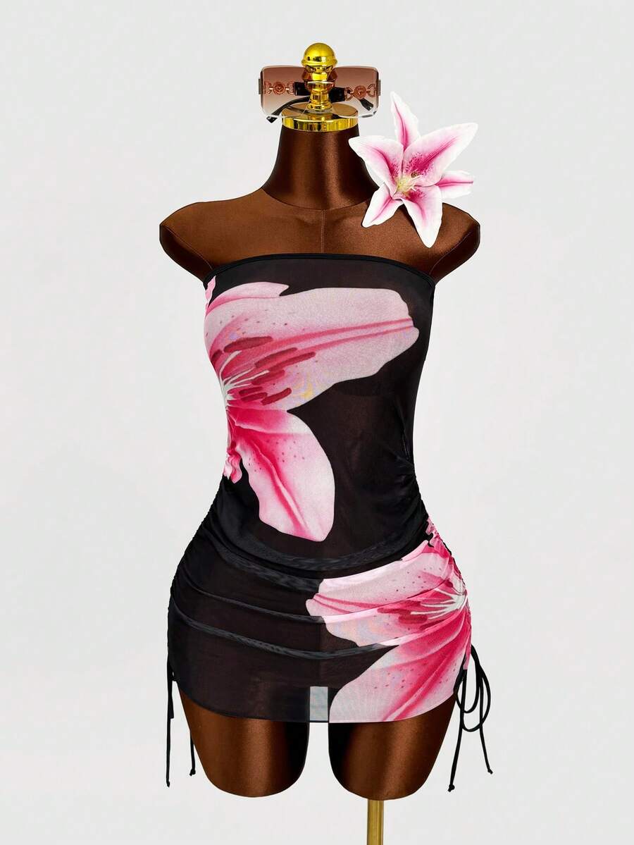 Zestiva Women's Casual Vacation Beach Party Lily Print Textured Fabric Dress Coverup Swimsuit, New Arrival - Multicolor - View 1