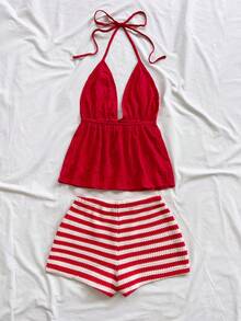 Soleia Bộ đồ thể thao mùa xuân/hè gồm áo tank top đỏ cổ chữ V buộc dây sau lưng, chất liệu vải dệt họa tiết, áo ôm dáng lệch vai và quần short skinny cạp siêu thấp, thích hợp cho các bữa tiệc, Giáng sinh, Ngày lễ tình nhân, hẹn hò, đi biển, du thuyền, lễ hội, lễ Phục sinh, chất liệu vải mềm mại. - Nhiều màu - Xem 2