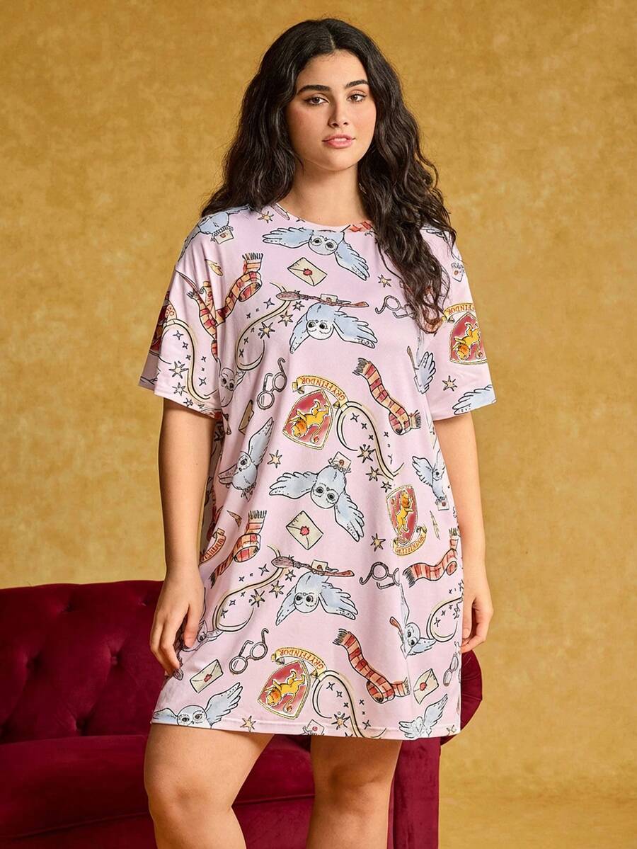 HARRY POTTER X SHEIN Plus Size Letter & Cartoon Graphic Round Neck Short Sleeve Nightgown Pajama Shirt Cat Pajamas Women Moomoo Nightgown House Dress Animal Print Pajama Set - Pink - View 1