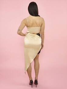 OverBlushhh Women's Satin Asymmetrical Skirt High Waist Draped Design Lace Patchwork Side Slit Mini To Knee Length, Elegant, Chic, Party, Date, Valentine's Day, Valentine, Spring - Khaki - View 2