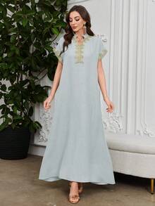 Al Najma Embroidered Collar Floral Raglan Sleeve Stand Collar Elegant Dress - Blue - View 6