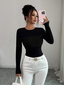 GlowEve Nuevo body casual de otoño con diseño de punto acanalado y cepillado, cuello redondo, hombros regulares, ajuste ceñido, manga larga versátil, para uso diario, primavera y otoño 2025 para mujeres - Negro - Ver 2