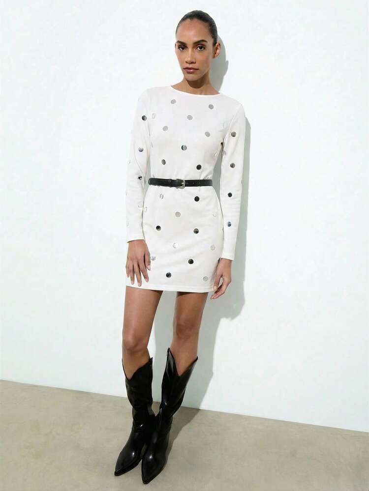 SHEIN Maija Abito corto da donna con decorazioni in paillettes, scollo tondo e maniche lunghe, adatto per l'estate