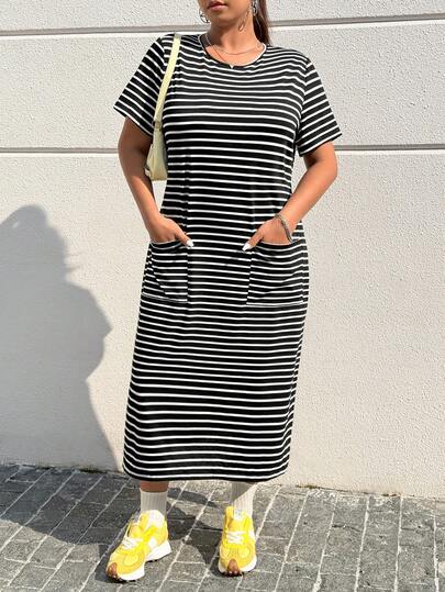 Muchica 大码条纹印花圆领口袋休闲短袖连衣裙