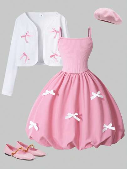 مجموعة فستان بحمالات بيضاء وكارديجان أنيق أسود بفيونكة للفتيات المراهقات