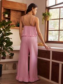 Bohemian Minimalist Romantic Striped Ruffle Strap Women Pajama Set - Baby Pink - View 2