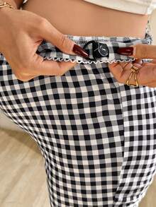 SHEIN Maternity Casual Plaid Adjustable Waist 7/8 Leggings - Black and White - View 7