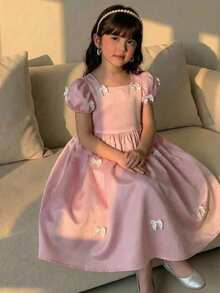 SHEIN Đầm dệt màu trơn cổ vuông tay phồng trang trí nơ cho bé gái - Hồng - Xem 3