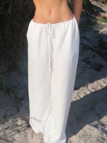 Sydney Algeri 系带亚麻质感沙滩裤，优雅夏季度假阳光休闲波西米亚风白色机场冬季派对裤 - 白色 - 查看 3