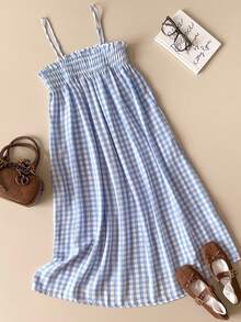 SHEIN Unity Gaun Mini Kotak-kotak Putih dan Biru Sederhana untuk Musim Panas, Tali Bahu Tipis yang Dapat Diatur, Kerah Berumbai, Cocok untuk Piknik, Gaya Vintage 90-an, Retro, Akademik, Kantor, Pesta, Pernikahan, dan Tamu. - Biru - View 1