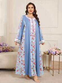 Al Najma Modest Multicolor Plus Size Arabian Dress With Random Print And Scoop Neck Long Flare Sleeves Flowy Flared Hem - Multicolor - View 6
