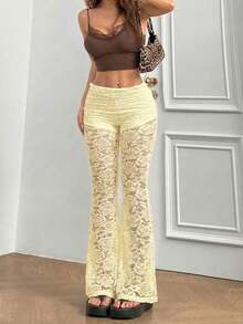 SHEIN EZwear 女士米黄色蕾丝喇叭裤，可折叠腰带，春夏款 - 淡黃色 - 查看 6