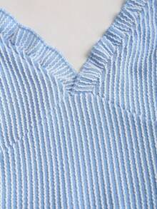 Sweetra Women's Blue Textured Striped V-Neck Camisole Camisole, High Stretch Fitted Design, Sexy European Style For Summer Pool, Beach, Vacation - Blue - View 5