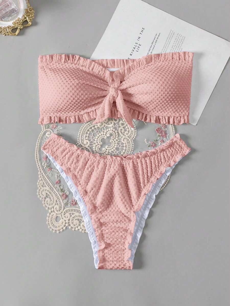 Swim Basics Women's Solid Color Simple Daily Swimwear Set - Pink - View 1