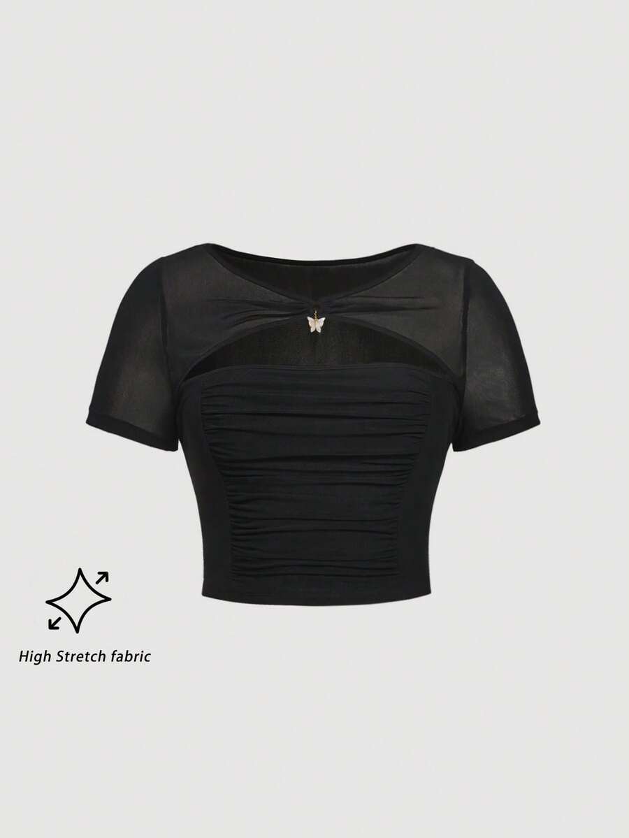 SHEIN MOD Plus Women's Black Sheer Mesh Patchwork Ruched T-Shirt Butterfly Detail Short Sleeve Round Neck Slim Fit Top For Spring Party - Black - View 1