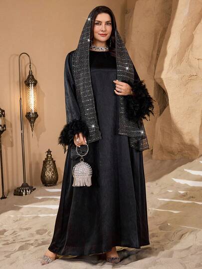 Al Najma Casual Solid Color Round Neck Long Sleeve Feather Decor Regular Plus Size Women Arabic Maxi Dress, Suitable For Spring And Autumn