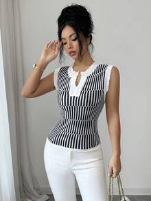 Elenzga Striped Print Notched Neck Fitted Elegant Sleeveless Knit Top - Black - View 7