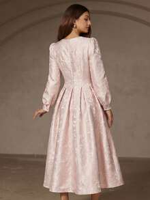 Aveloria Rosie Red & Black Contrast Color Jacquard Fabric Round Neck Waist Gathered Dress, Elegant Long Sleeve Women Dress - Pink - View 6