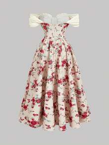 SHEIN MOD 大码女式碎花露肩蝴蝶结荷叶边连衣裙，婚纱，情人节连衣裙，约会连衣裙，春夏连衣裙，度假连衣裙 - 彩色 - 查看 2