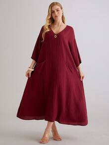 Parysyn Đầm dài tay dáng rộng, cổ chữ V, có túi, thoải mái, dành cho nữ cỡ lớn, thích hợp cho kỳ nghỉ. - Đỏ - Xem 7