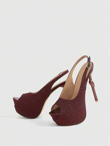 CUCCOO LuxiPop Women's Thick Sole Sparkling Buckle Design Party Occasion Glamorous High Heel Sandals - Burgundy - View 6