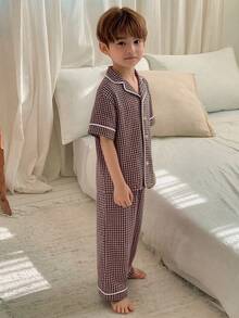 DAZY 男童格子单排扣短袖上衣和阔腿裤睡衣套装 - 棕色 - 查看 4