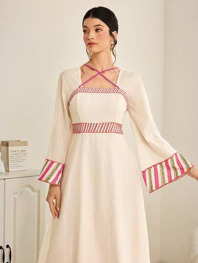 Al Najma Women's Elegant Waist Cinched Patchwork Color Party Dress French Style Dress Sleeve Dress Lantern Sleeve Dress Rope Dress Korean Dress