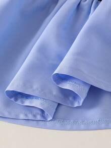 Genkimix Kids 女童蓝色舒适圆领短袖拼接可爱休闲校园风钩针3D花朵装饰连衣裙，舒适休闲夏季女童服装蓝色花朵细节连衣裙海军蓝花朵女童连衣裙少女蓝色连衣裙蓝色碎花连衣裙 - 藍色 - 查看 8