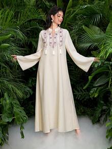 Al Najma Women's Apricot Semi Sheer Long Arabian Tunic Dress,Notched V-Neck Flare Sleeves,Floral Embroidered Lace Tassel Pendant,Elegant Modest Caftan,Summer - Apricot - View 4