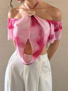 Lyxana Áo sơ mi nữ cổ yếm nhuộm tie-dye trang trí kim loại, thời trang, đa năng, thích hợp mặc thường ngày. - Nhiều màu - Xem 7