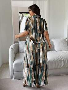 SHEIN PETITE CURVE 大码V领针织衫和褶裥喇叭裤两件套 - 墨綠色 - 查看 2