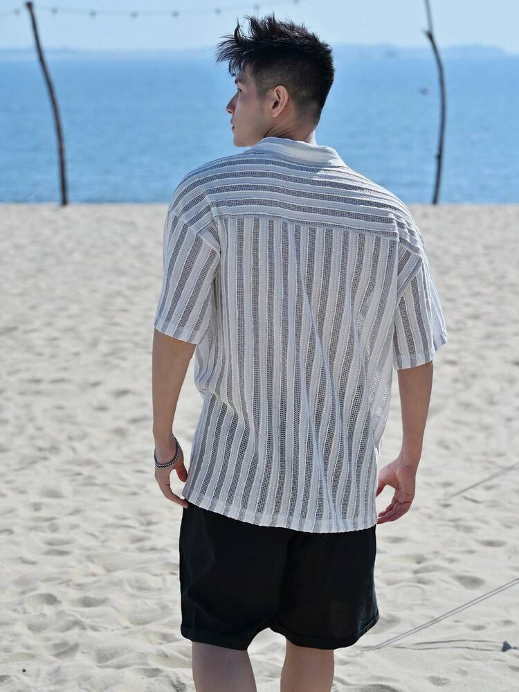 Men's Striped Short Sleeve Casual Loose Polo Collar T-Shirt, Summer
