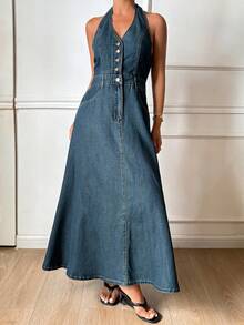 DAZY Western Cowgirl Halter A-Line Maxi Casual Denim Dress For Women, Spring/Autumn - Blue - View 5