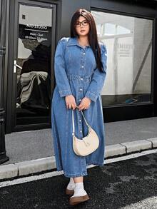 SHEIN ICON Đầm denim dài tay màu trơn cỡ lớn, kiểu dáng thường ngày. - Rửa nhẹ - Xem 3