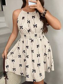 SHEIN LUNE Plus Size Women's Cute Halter Neck Dress With Bow Print,Summer Holiday Beach Sundress,Black And White Vacation Carnival Outfit Valentine's Day - Apricot - View 6