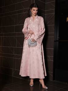 Layrah 优雅花卉提花串珠长连衣裙，喇叭袖，粉色，春夏款 - 粉色 - 查看 8