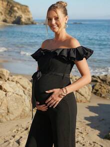 Loomaby Maternity Black And White Elegant Patchwork Ruffle Off Shoulder Wide Leg Jumpsuit,Summer Gender Reveal Baby Shower Dress,Spring Break Outfits Women - Black - View 12