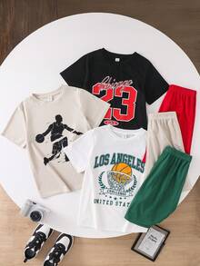 SHEIN 6件套男童休闲宽松字母印花圆领T恤短裤套装，适合通勤、上学、日常休闲穿着、运动、春夏穿着。 - 彩色 - 查看 4