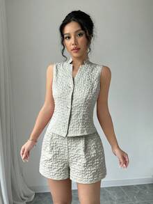 Selianne 女士夏季休闲度假通勤纯色提花无袖衬衫和短裤套装 - 橄欖綠 - 查看 3